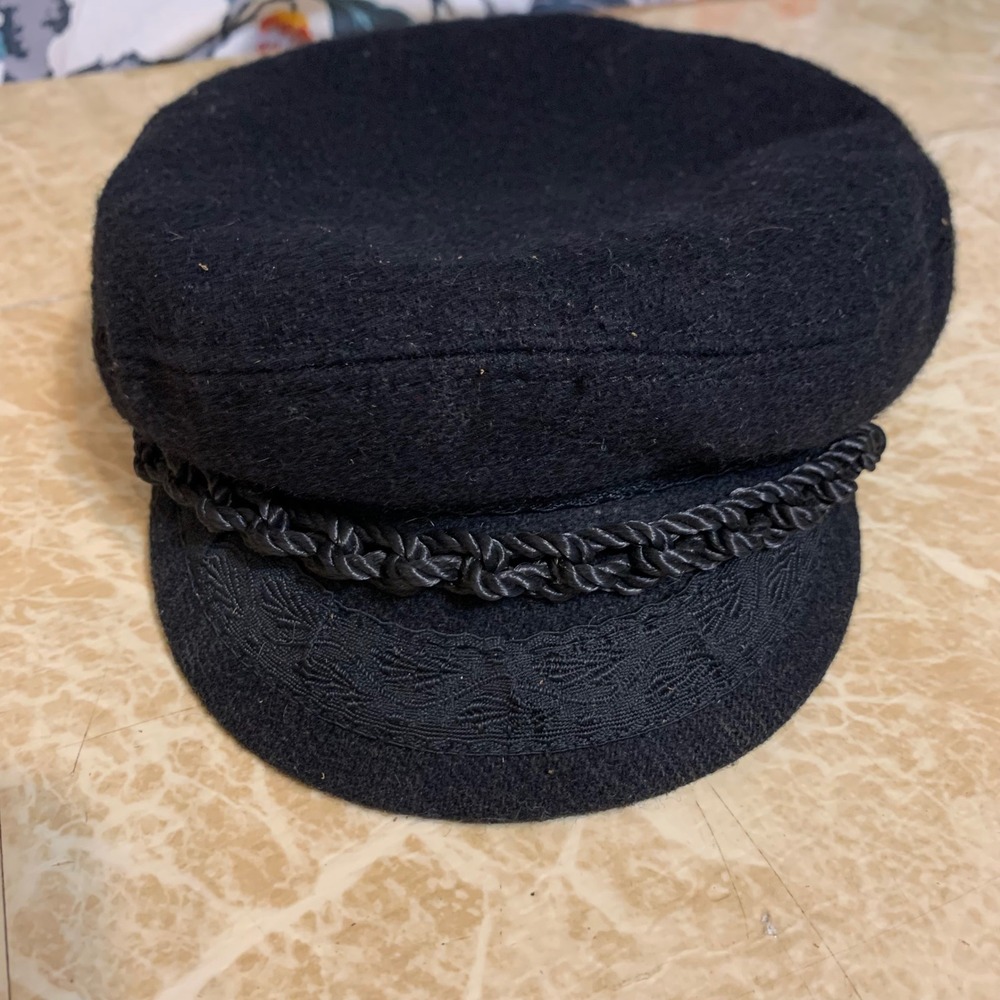 Vintage Greek Fisherman Hat Black Wool Aegean Sailor Cap Embroidered Brim Boat